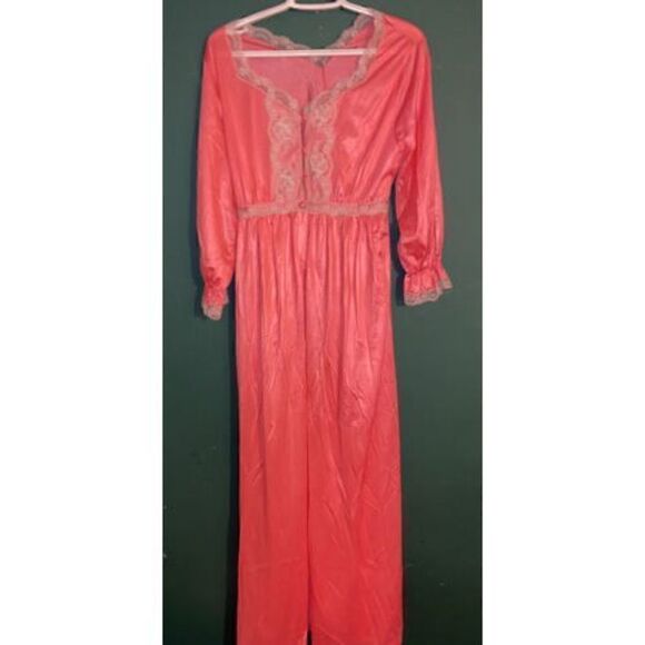 Vintage TEXSHEEN Lingerie Long Pink Chiffon Lace Lounge Gown & Robe Peignoir - Picture 7 of 11